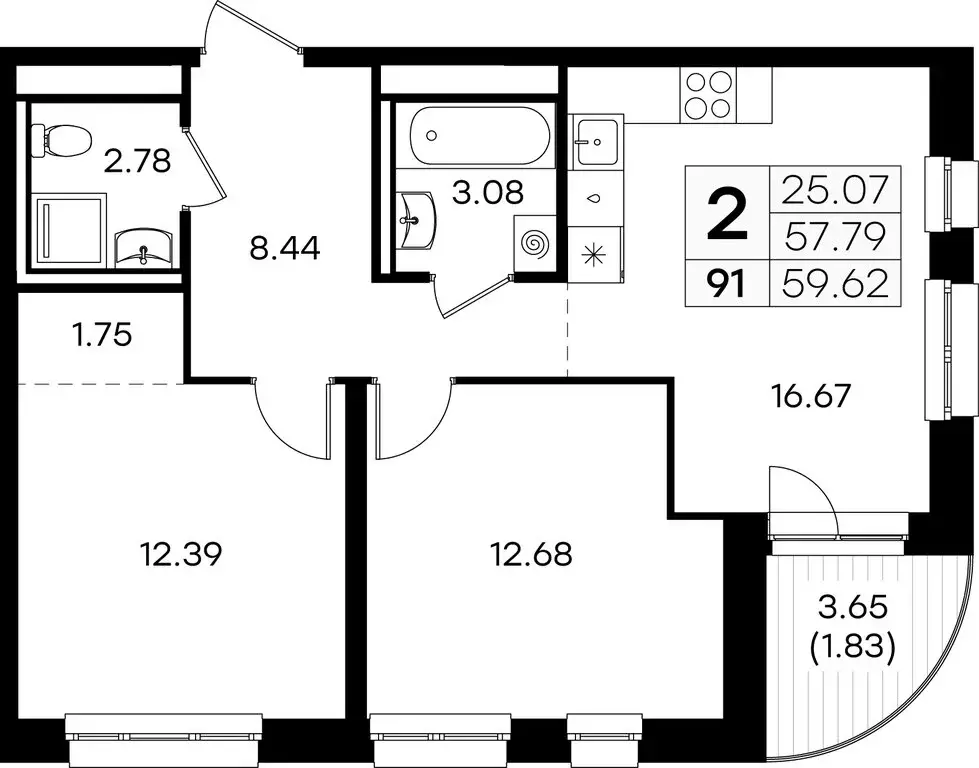 2-комнатная квартира: Казань, Кировский район (59.62 м) - Фото 0