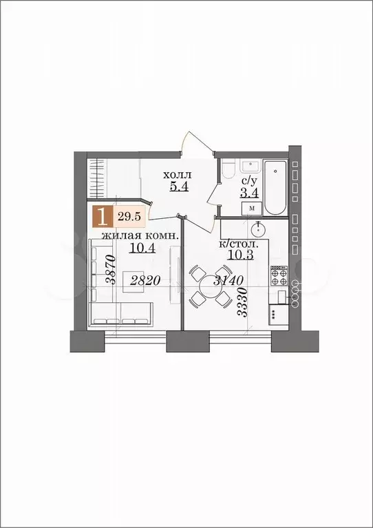 1-к. квартира, 31,5 м, 4/5 эт. - Фото 0