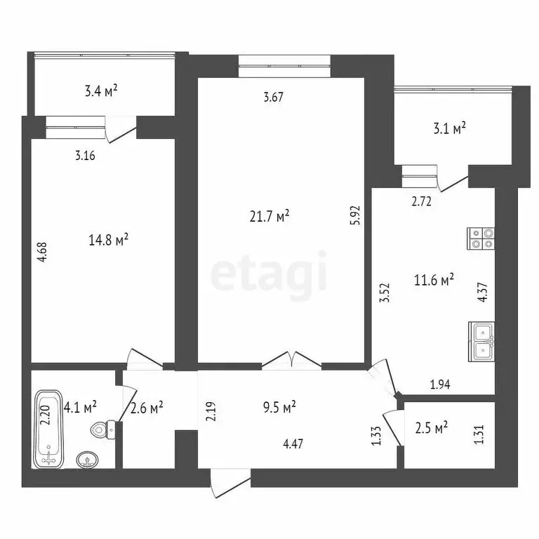 2-комнатная квартира: Тюмень, улица Пермякова, 67 (66.5 м) - Фото 1