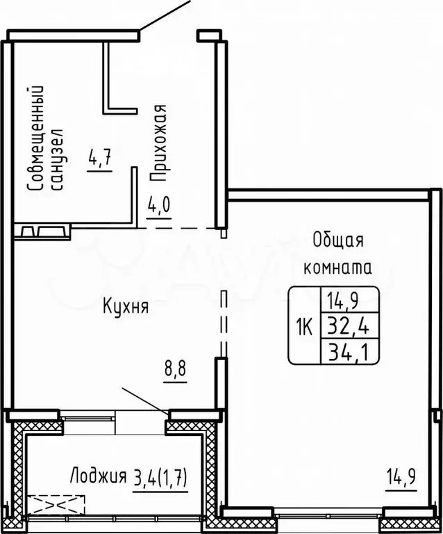 1-к. квартира, 34,1 м, 5/17 эт. - Фото 0
