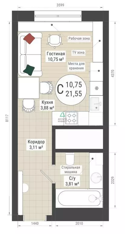 Квартира-студия: Уфа, Комсомольская улица, 21/2 (21.55 м) - Фото 0