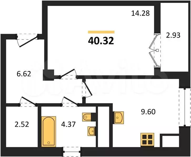 1-к. квартира, 40,4 м, 2/9 эт. - Фото 1
