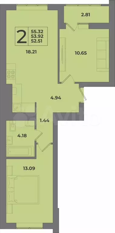2-к. квартира, 53,9 м, 6/8 эт. - Фото 1