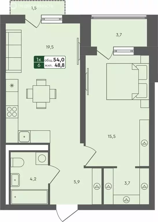 1-комнатная квартира: село Ембаево, Бульварная улица, 11 (54 м) - Фото 1