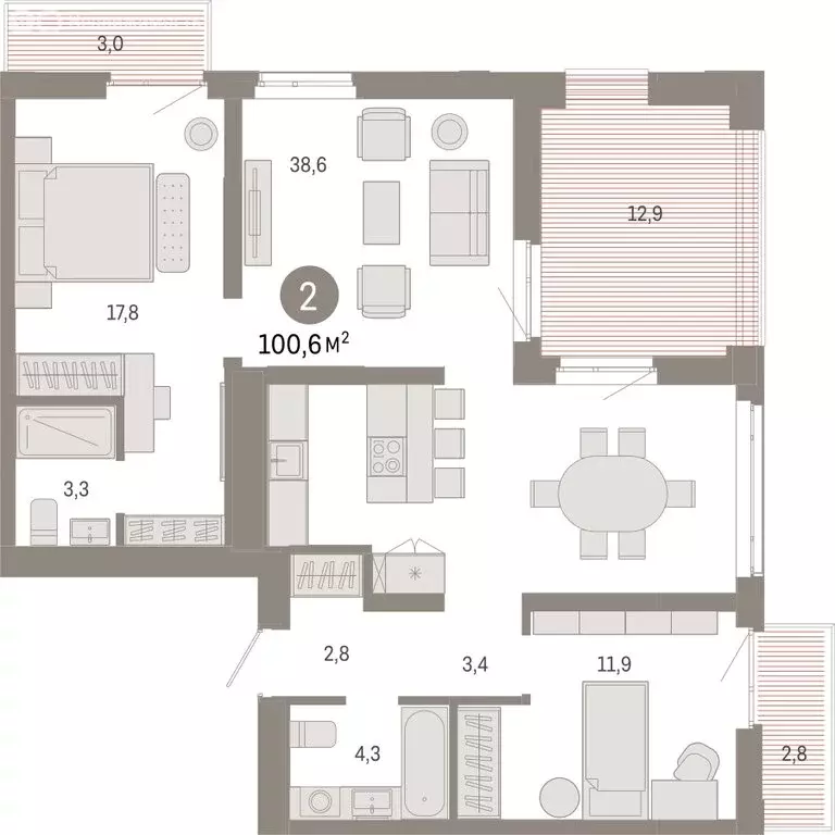 2-комнатная квартира: Тюмень, Ленинский округ (100.59 м) - Фото 1