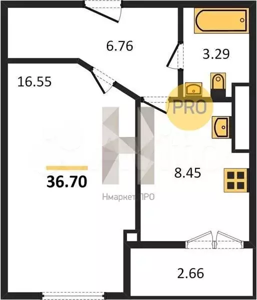 1-к. квартира, 36,7 м, 1/9 эт. - Фото 1