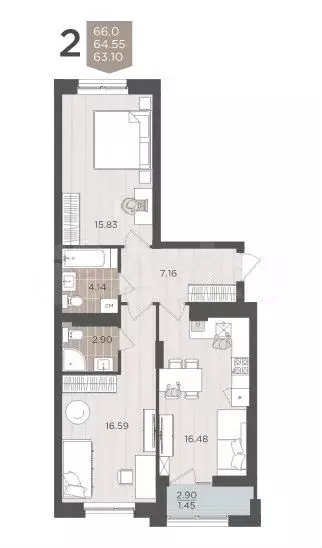 2-к. квартира, 64,6 м, 9/9 эт. - Фото 1