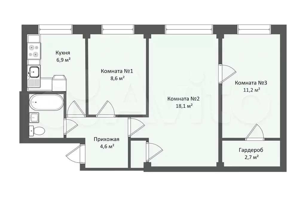 3-к. квартира, 55,7 м, 1/5 эт. - Фото 0