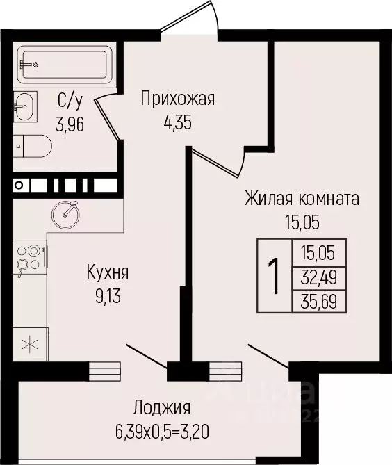 1-к кв. Краснодарский край, Краснодар ул. Михаила Барибана (35.69 м) - Фото 0