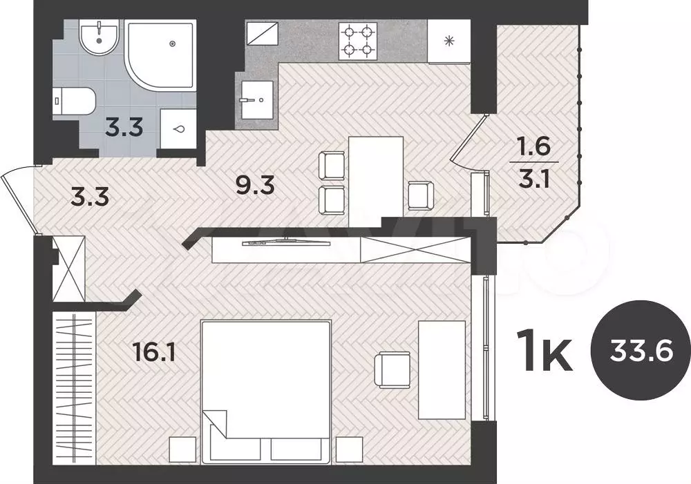 1-к. квартира, 33,6 м, 7/9 эт. - Фото 0