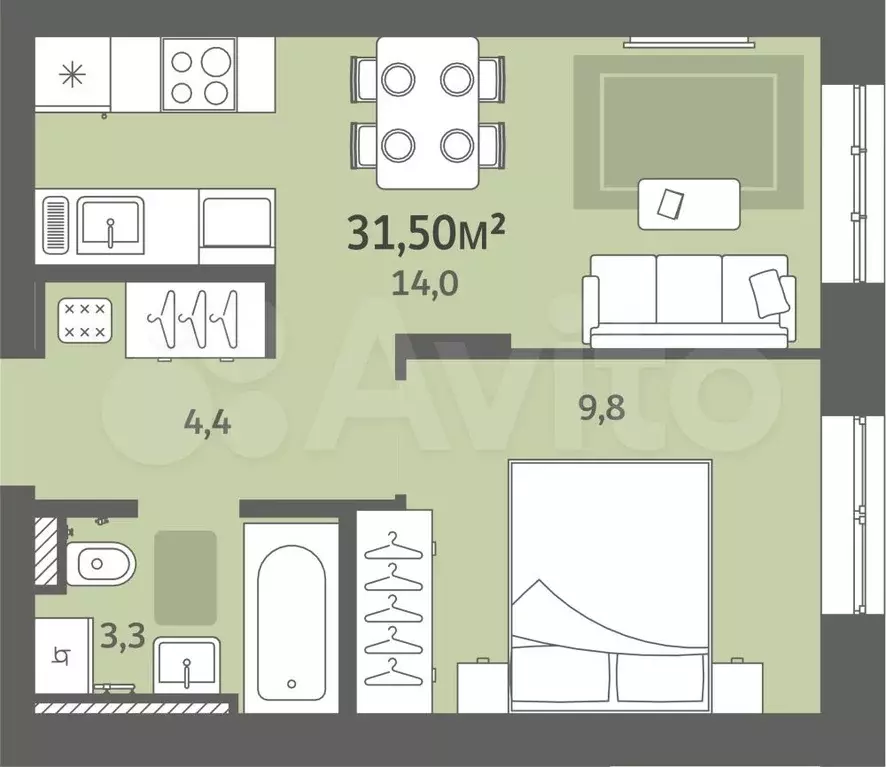 1-к. квартира, 31,5 м, 3/5 эт. - Фото 0