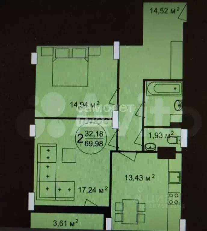 2-к кв. Липецкая область, Липецк ул. Гагарина, 145 (69.9 м) - Фото 2