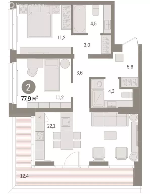 2-комнатная квартира: Тюмень, жилой комплекс На Минской (77.85 м) - Фото 1