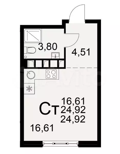 Квартира-студия, 24,9 м, 20/22 эт. - Фото 1