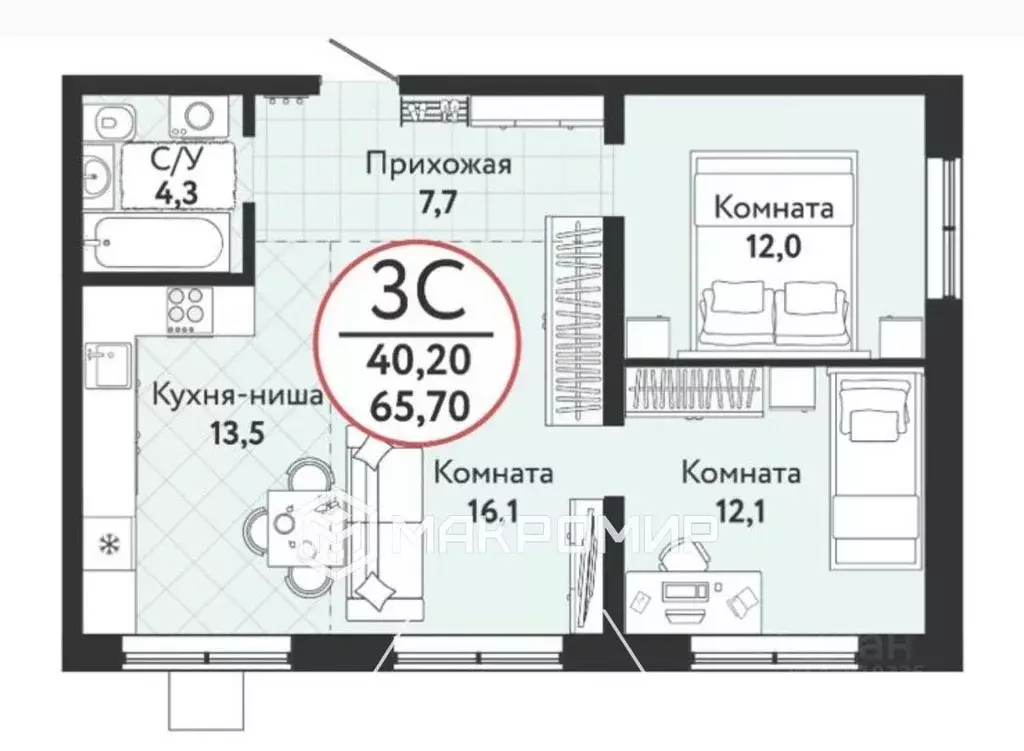 3-к кв. Новосибирская область, Новосибирск ул. Есенина, 12В (66.0 м) - Фото 1