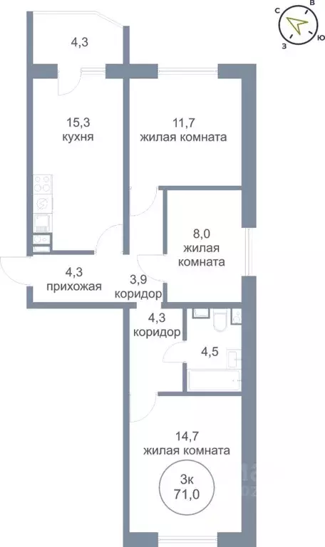 3-к кв. Ханты-Мансийский АО, Нефтеюганск 4-й мкр, 4к1 (71.0 м) - Фото 0