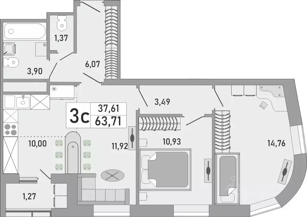 3-к кв. Башкортостан, Уфа Бакалинская ул., 9/1 (63.71 м) - Фото 1