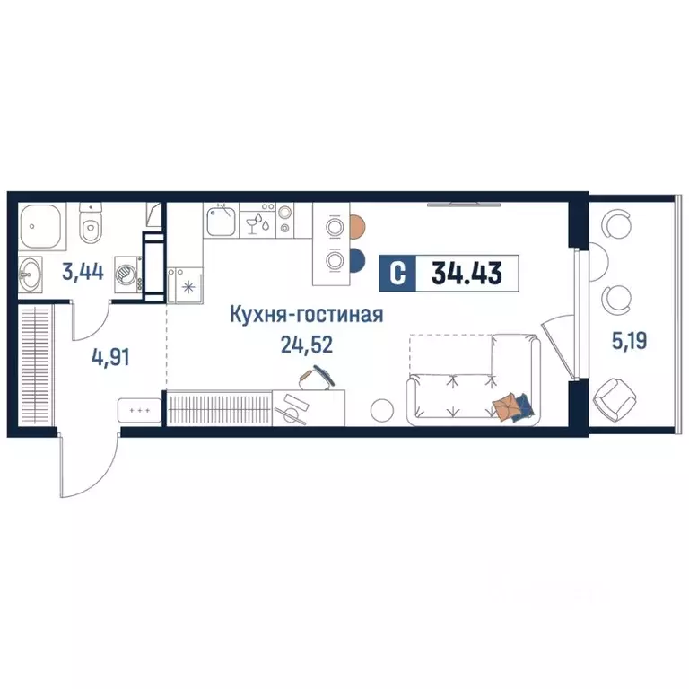 Студия Ленинградская область, Мурино Всеволожский район,  (34.43 м) - Фото 0