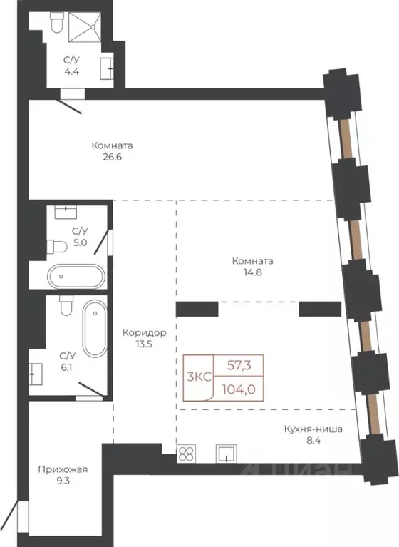 3-к кв. Алтайский край, Барнаул пл. Баварина, 8к2 (103.9 м) - Фото 1