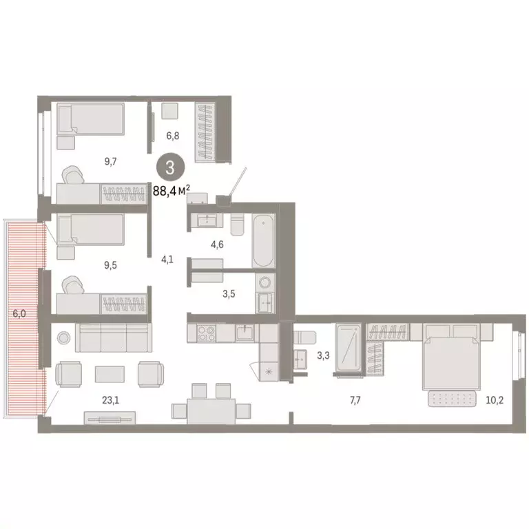 3-комнатная квартира: Тюмень, улица Республики, 205к3 (88.44 м) - Фото 2