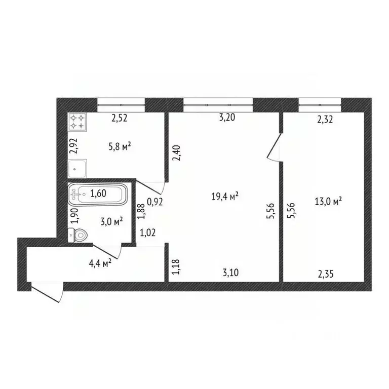 2-к кв. Башкортостан, Уфа ул. Блюхера, 4/1 (45.6 м) - Фото 2