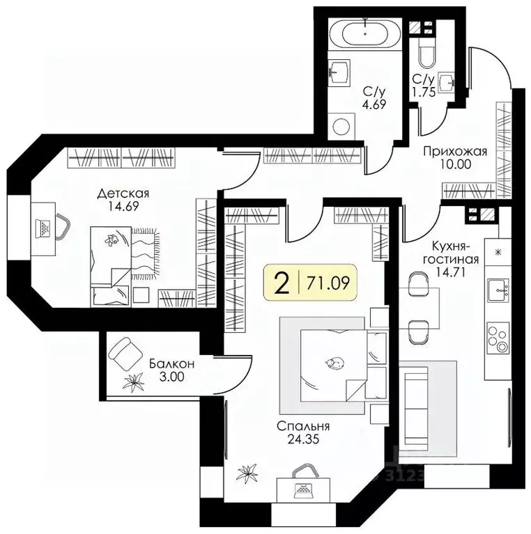 2-к кв. Тверская область, Тверь ул. Коминтерна, 95К (71.1 м) - Фото 1