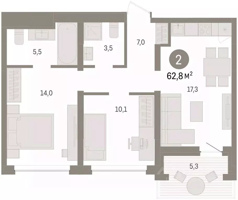 2-к кв. Тюменская область, Тюмень ул. Муравленко, 9к3 (62.79 м) - Фото 2