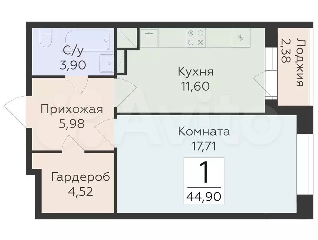 1-к. квартира, 44,9 м, 9/24 эт. - Фото 0