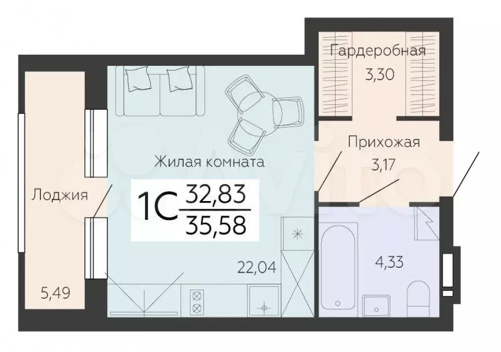 квартира-студия, 35,6 м, 6/14 эт. - Фото 0