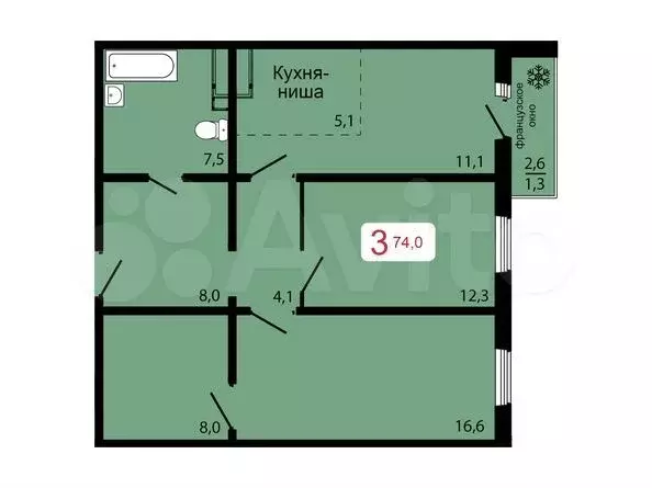 3-к. квартира, 74 м, 4/17 эт. - Фото 0