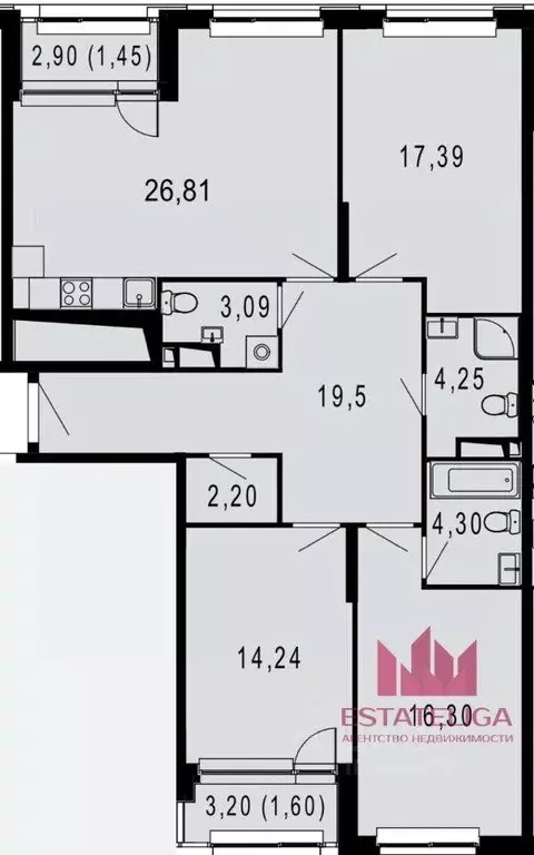 Квартира, 3 комнаты, 108.1 м - Фото 1