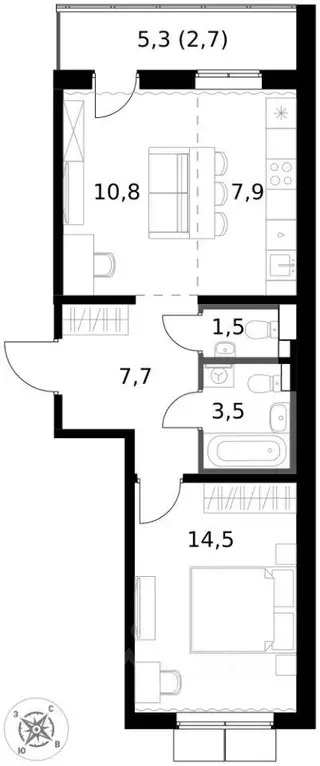 Квартира, 2 комнаты, 48.6 м - Фото 2
