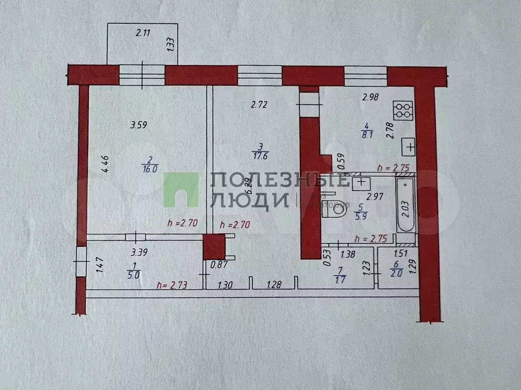 2-к. квартира, 58,6 м, 5/5 эт. - Фото 0