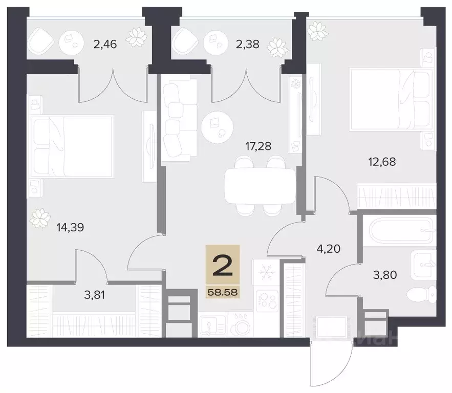 2-к кв. Рязанская область, Рязань проезд 1-й Новый (58.58 м) - Фото 1