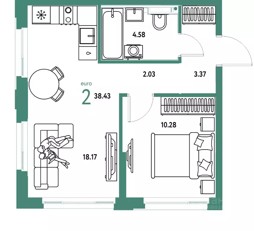 2-к кв. Тюменская область, Тюмень ул. 50 лет Октября, 61к1 (38.43 м) - Фото 1