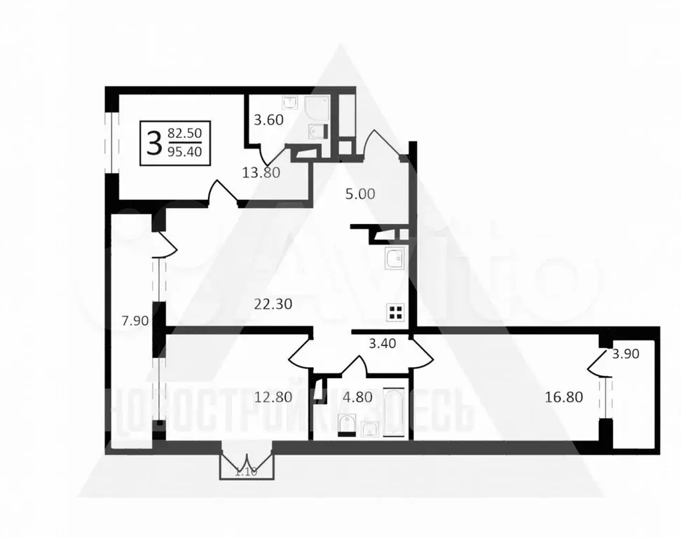 3-к. квартира, 95,4 м, 2/9 эт. - Фото 1