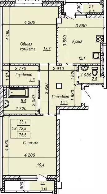 2-к. квартира, 75,5 м, 4/9 эт. - Фото 0