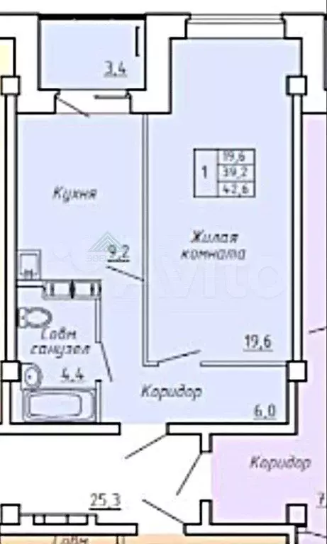 1-к. квартира, 42,6 м, 1/9 эт. - Фото 0