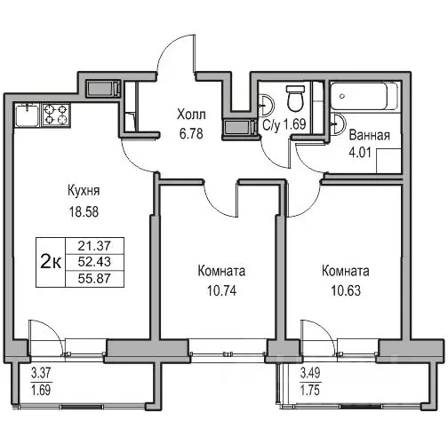 2-к кв. Санкт-Петербург ул. Ивинская, 1к1 (52.43 м) - Фото 0