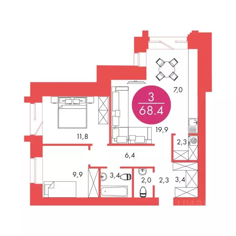 3-к кв. Красноярский край, Красноярск ул. Шахтеров, 33А (68.4 м) - Фото 0