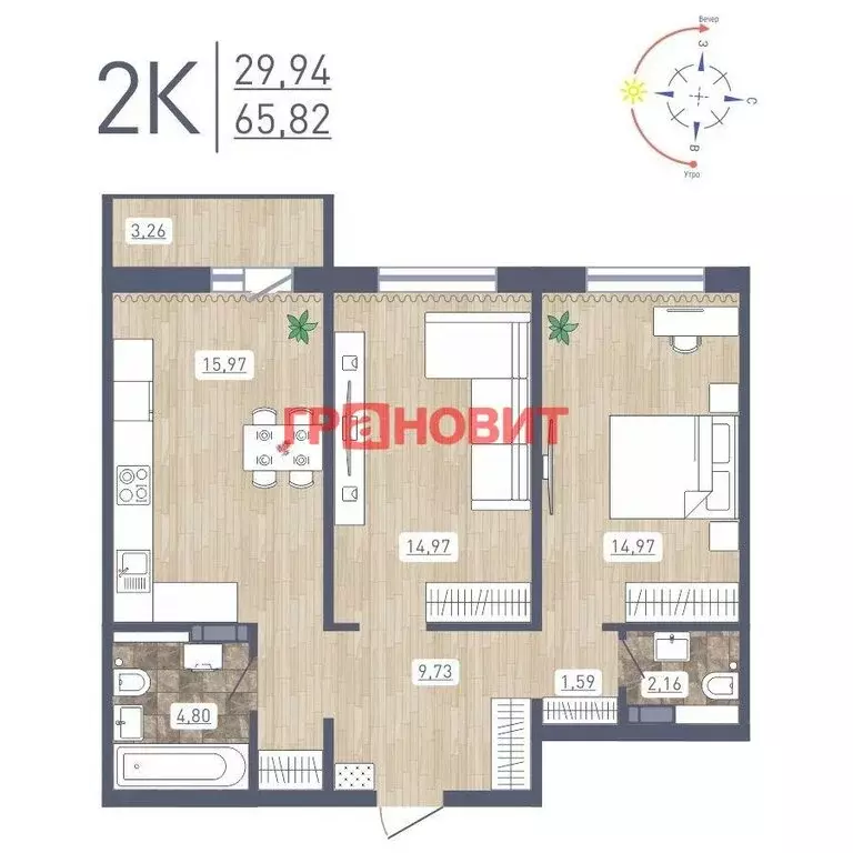 2-комнатная квартира: Новосибирск, улица Забалуева, 69 (65.82 м) - Фото 0