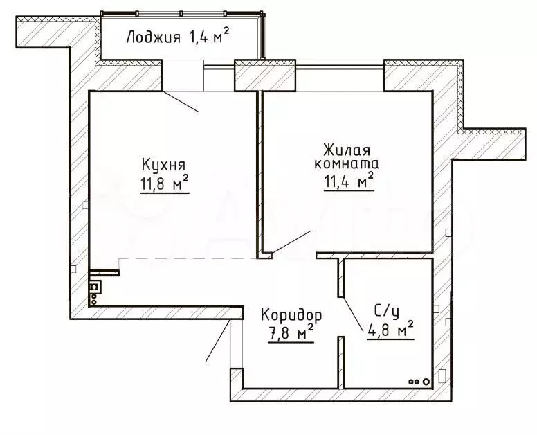 1-к. квартира, 37,4 м, 4/8 эт. - Фото 0