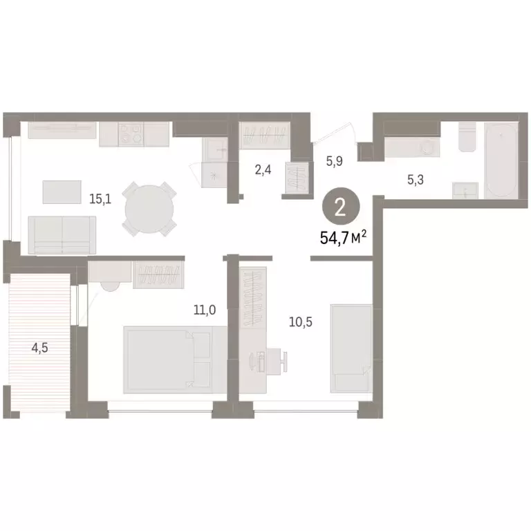 2-комнатная квартира: Тюмень, ЖК Дом у Озера (54.66 м) - Фото 1