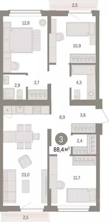 3-к кв. Липецкая область, Липецк пл. Петра Великого, 1 (88.4 м) - Фото 1