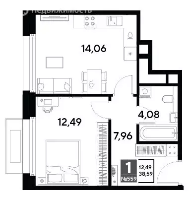 1-комнатная квартира: Реутов, 3-й микрорайон, ЖК Эво, к1 (38.59 м) - Фото 0