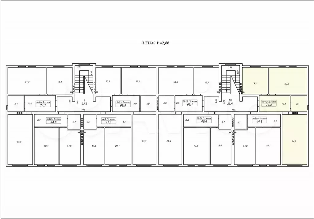 2-к. квартира, 74,3 м, 3/3 эт. - Фото 1
