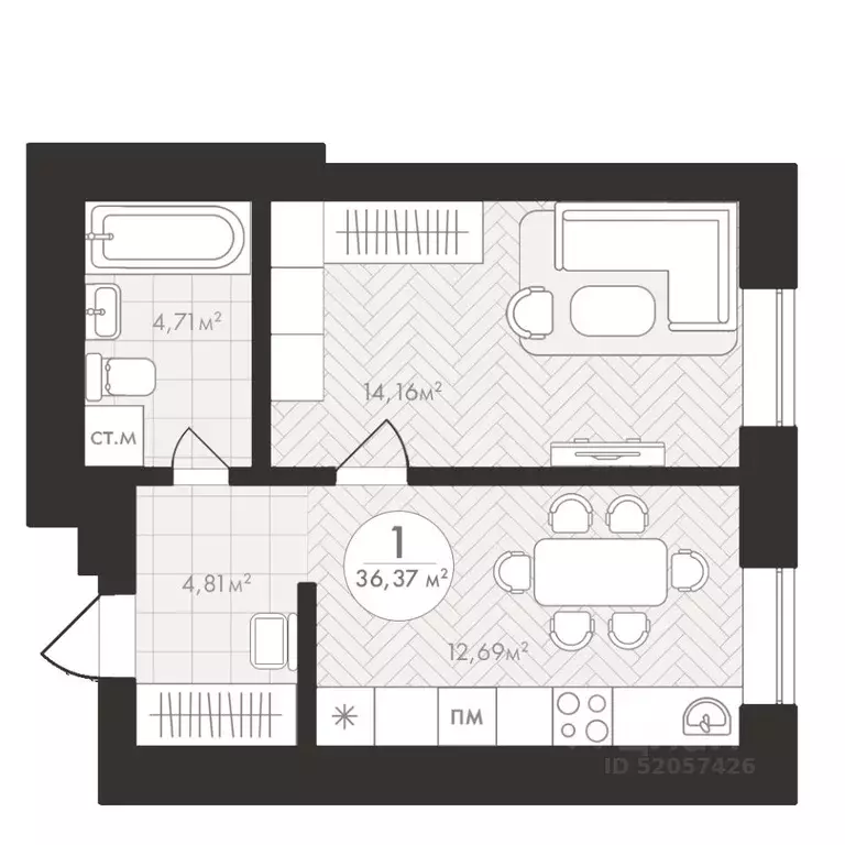 1-к кв. Башкортостан, Уфа Южный-2 мкр,  (36.37 м) - Фото 1