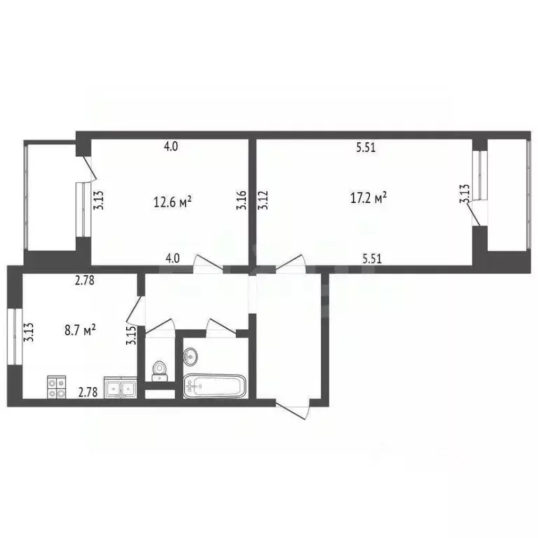 2-к кв. Белгородская область, Белгород бул. Юности, 19 (53.4 м) - Фото 2