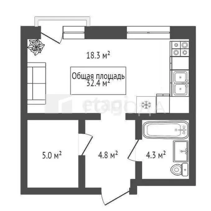 1-комнатная квартира: Садовый, Спортивная улица, 36/1 (32.4 м) - Фото 0