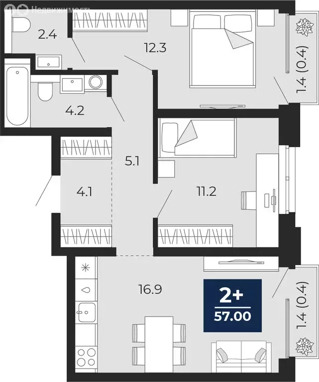 2-комнатная квартира: Тюмень, улица Тимофея Чаркова, 77 (59 м) - Фото 1